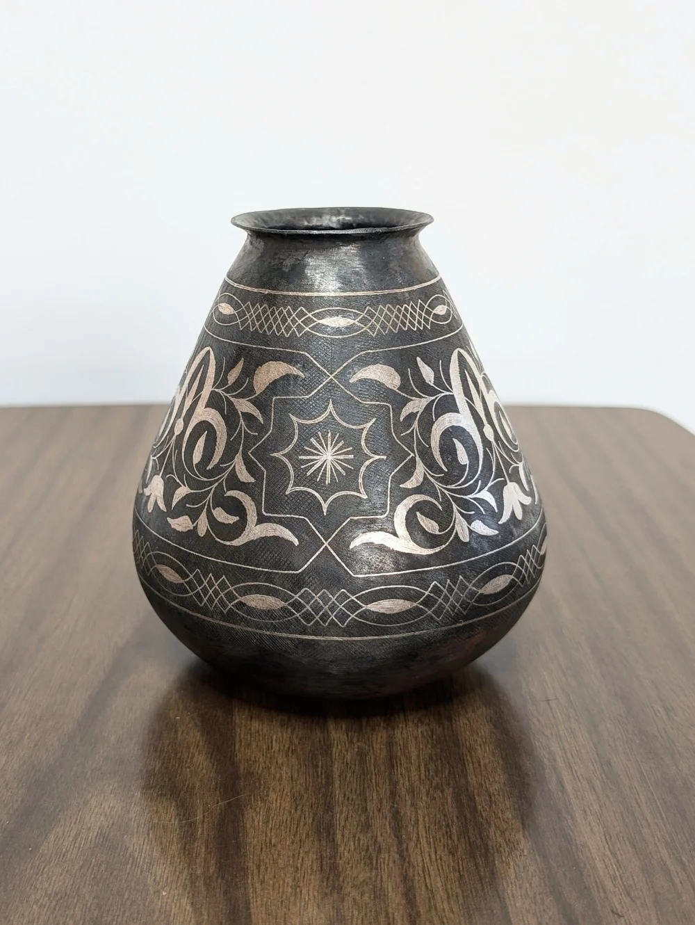 Antique Islamic Indo-Persian Bidriware Gray With Silver Koftgari Florals Vase
